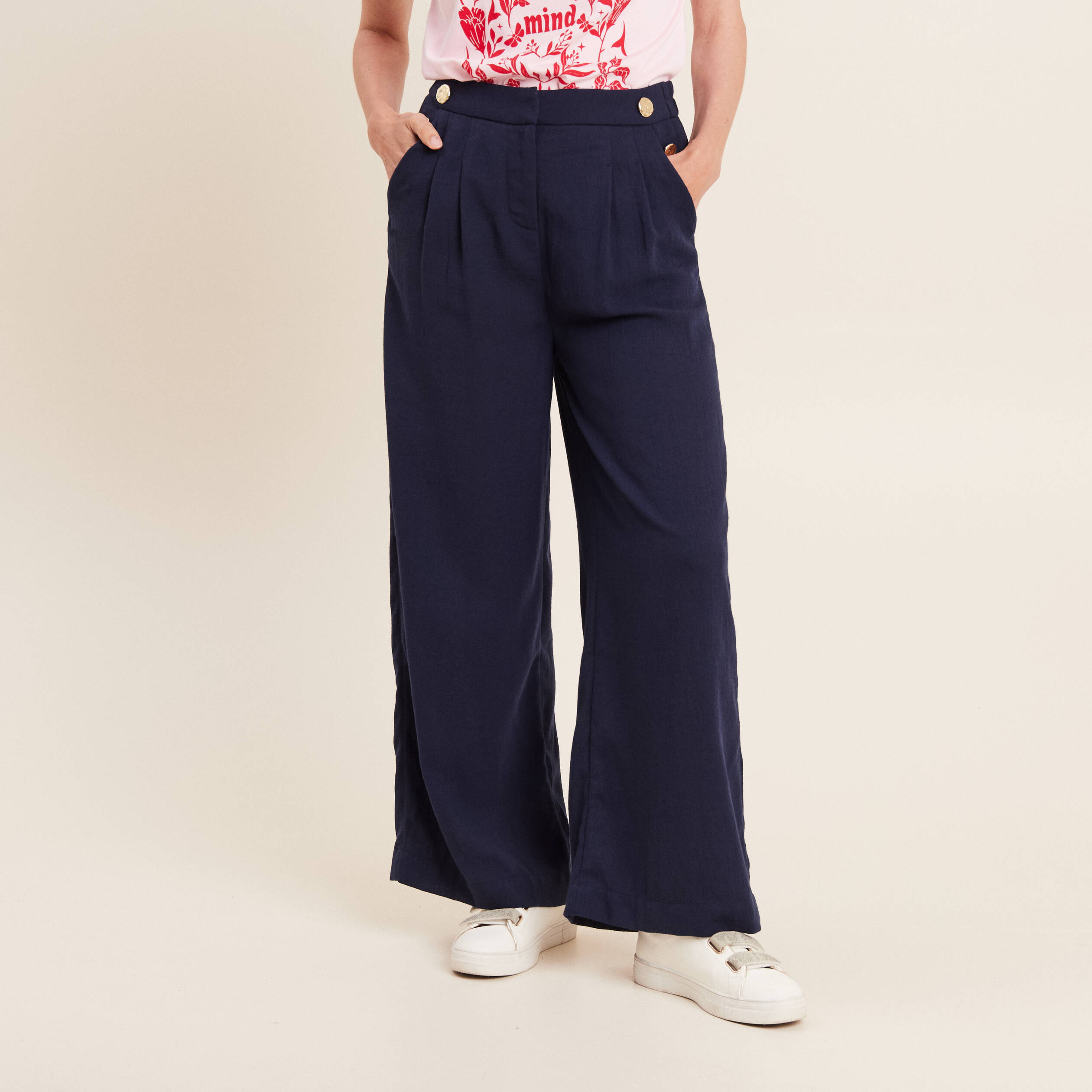 Pantalon Large Me Boutons Bleu Marine Femme Vibs