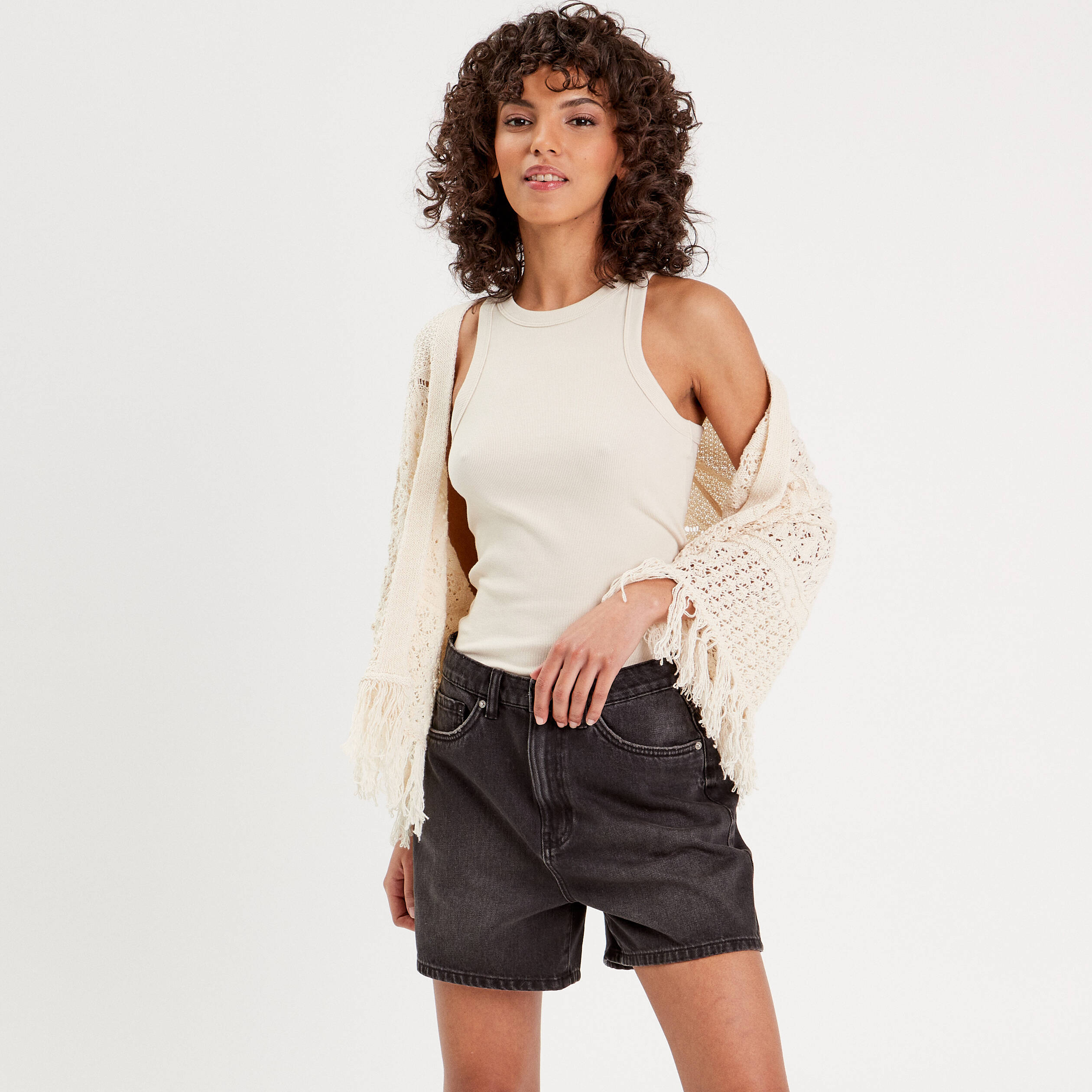 Gilet Ajour Avec Franges Ecru Femme Vibs