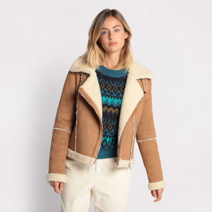 Blouson style motard peau retournée camel femme | Vib's