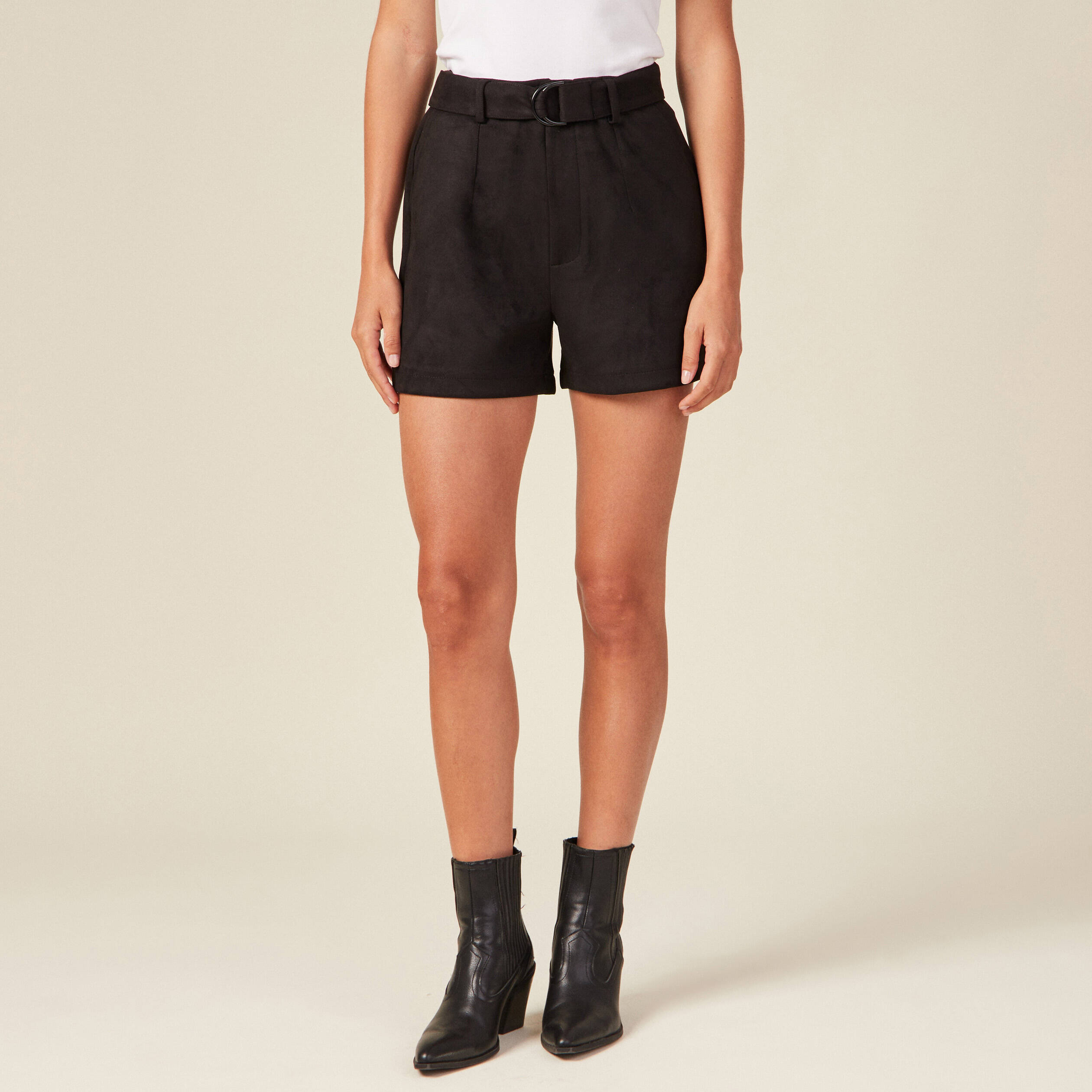 Short En Denim À Ceinture Black Femme