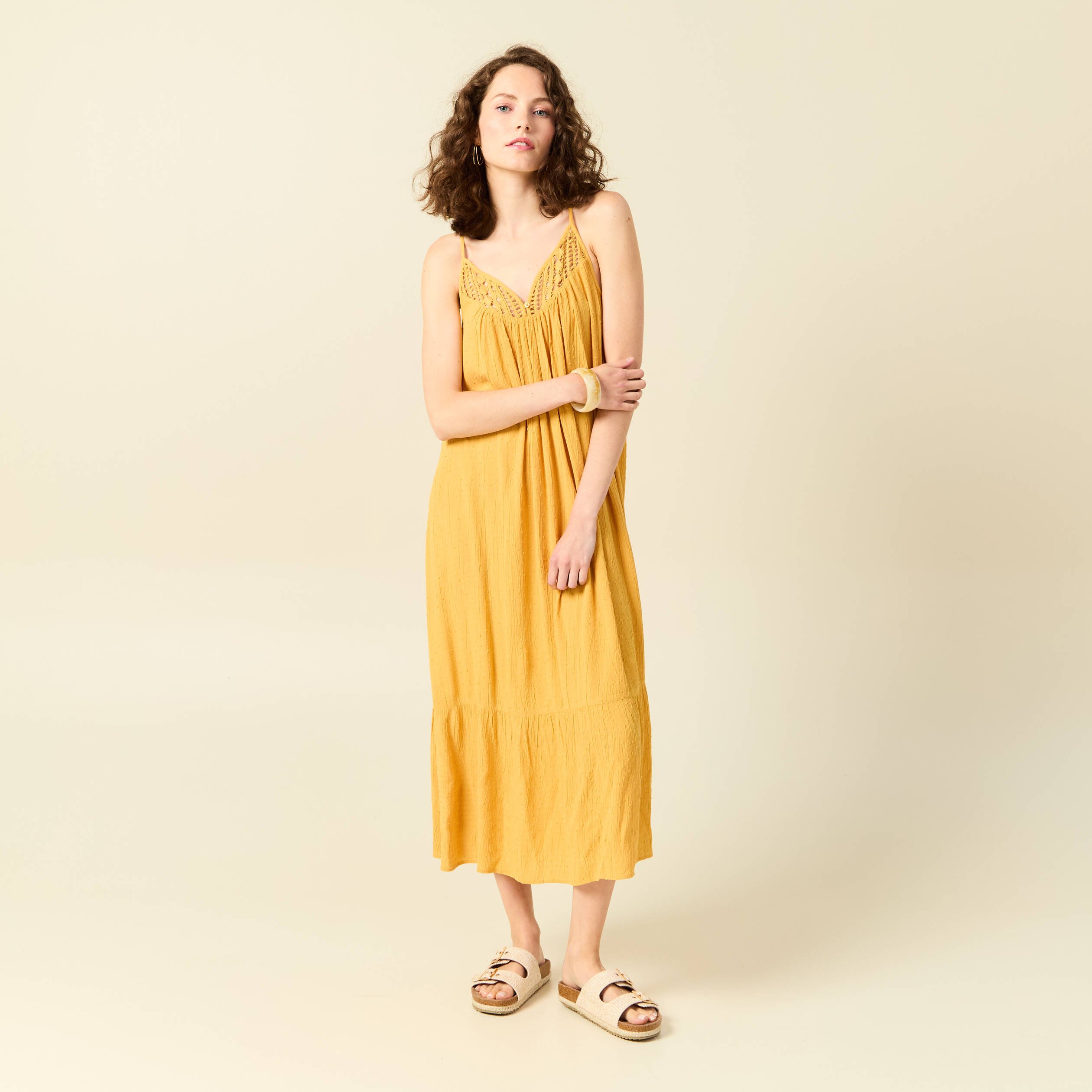 Robe longue evasee fluide jaune femme Vibs