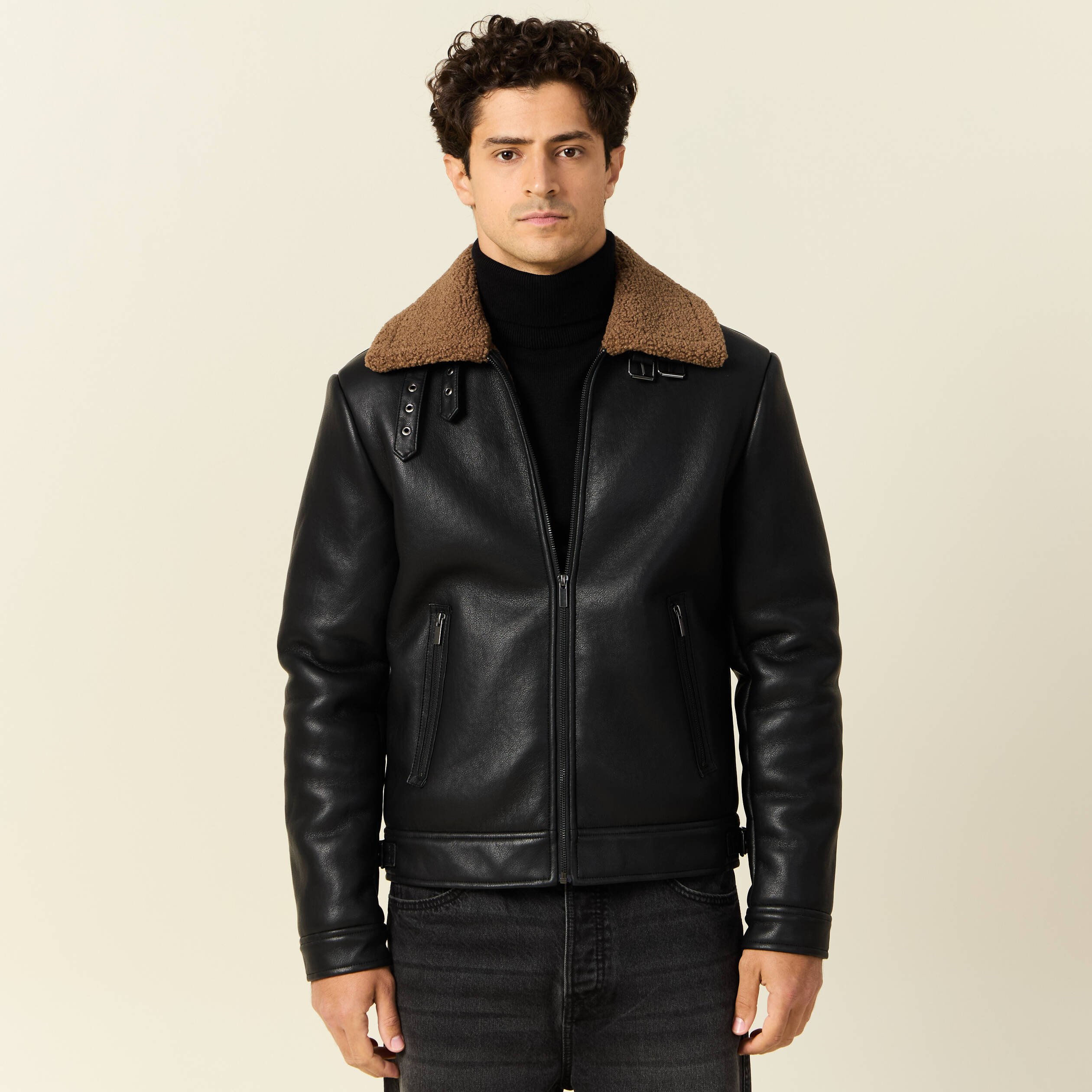 Blouson aviateur simili cuir noir homme Vibs