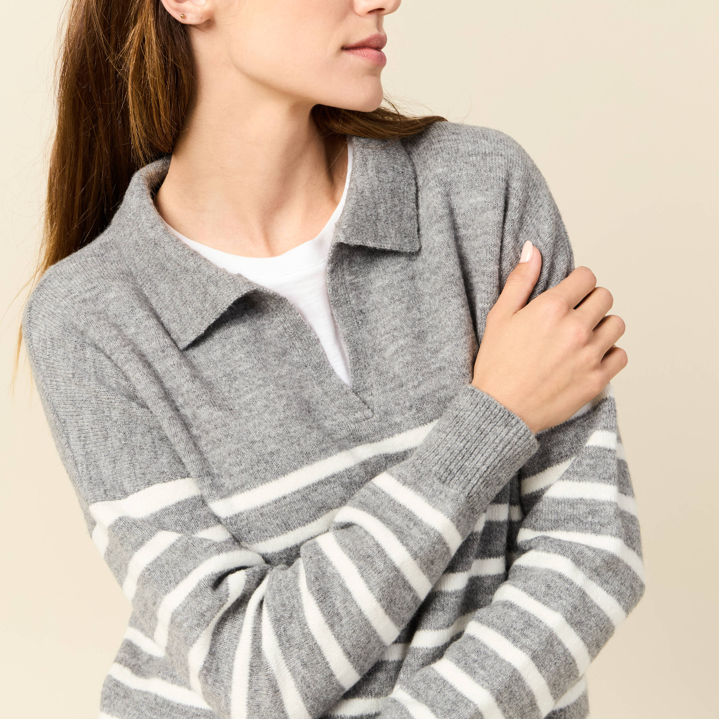 Pull manches longues col polo gris clair femme Vibs