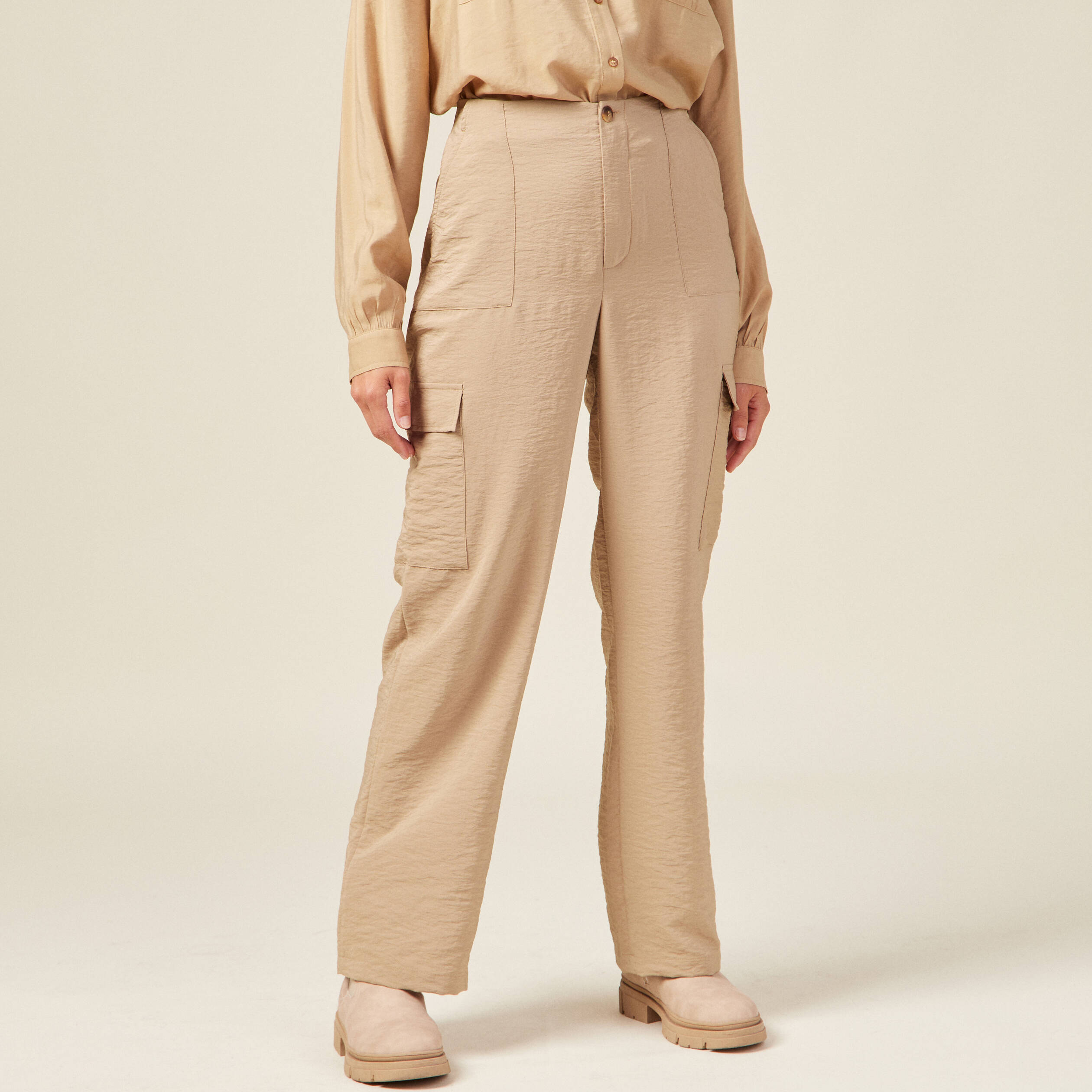 Pantalon cargo fluide beige femme Vibs