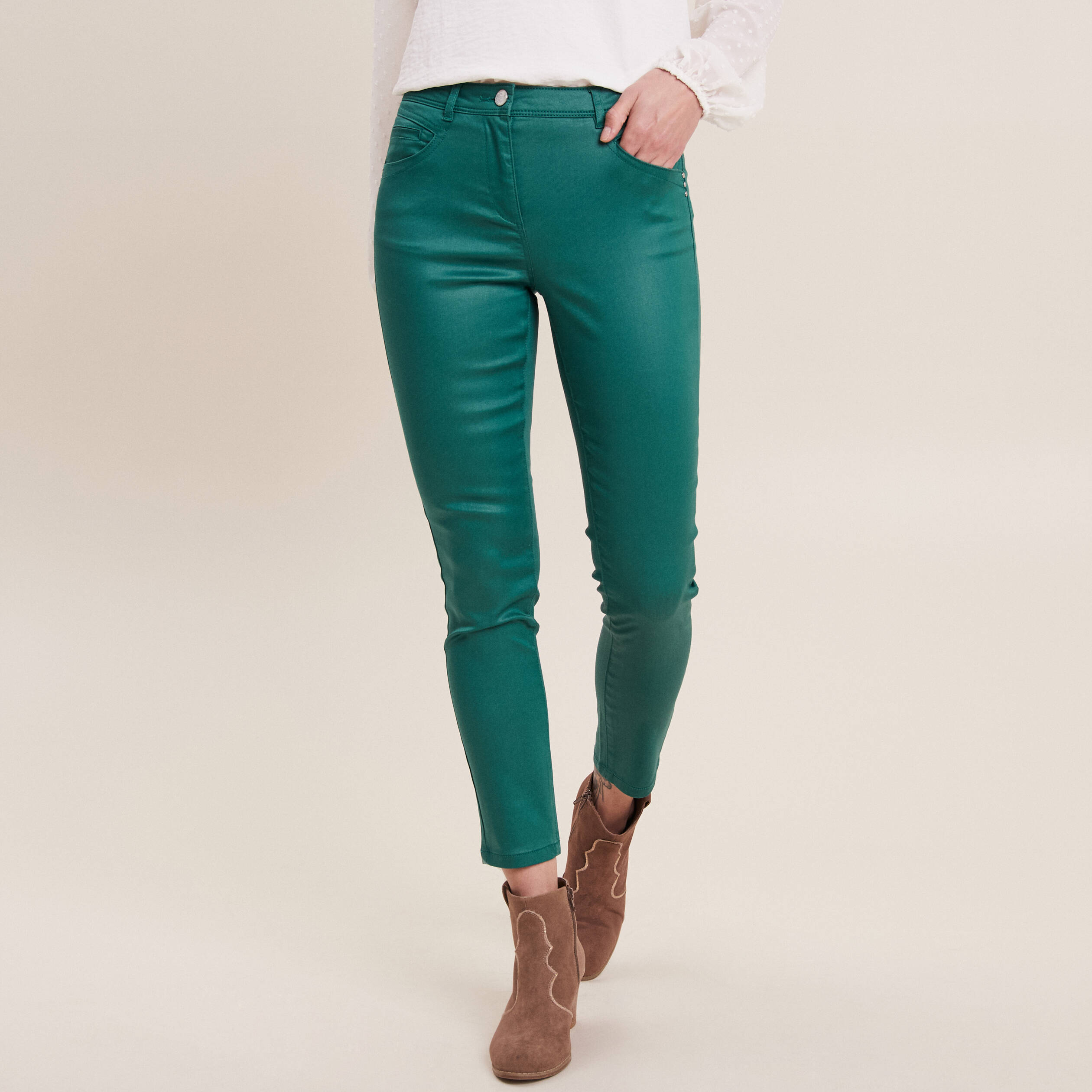 Pantalon ajust enduit vert meraude femme Vibs