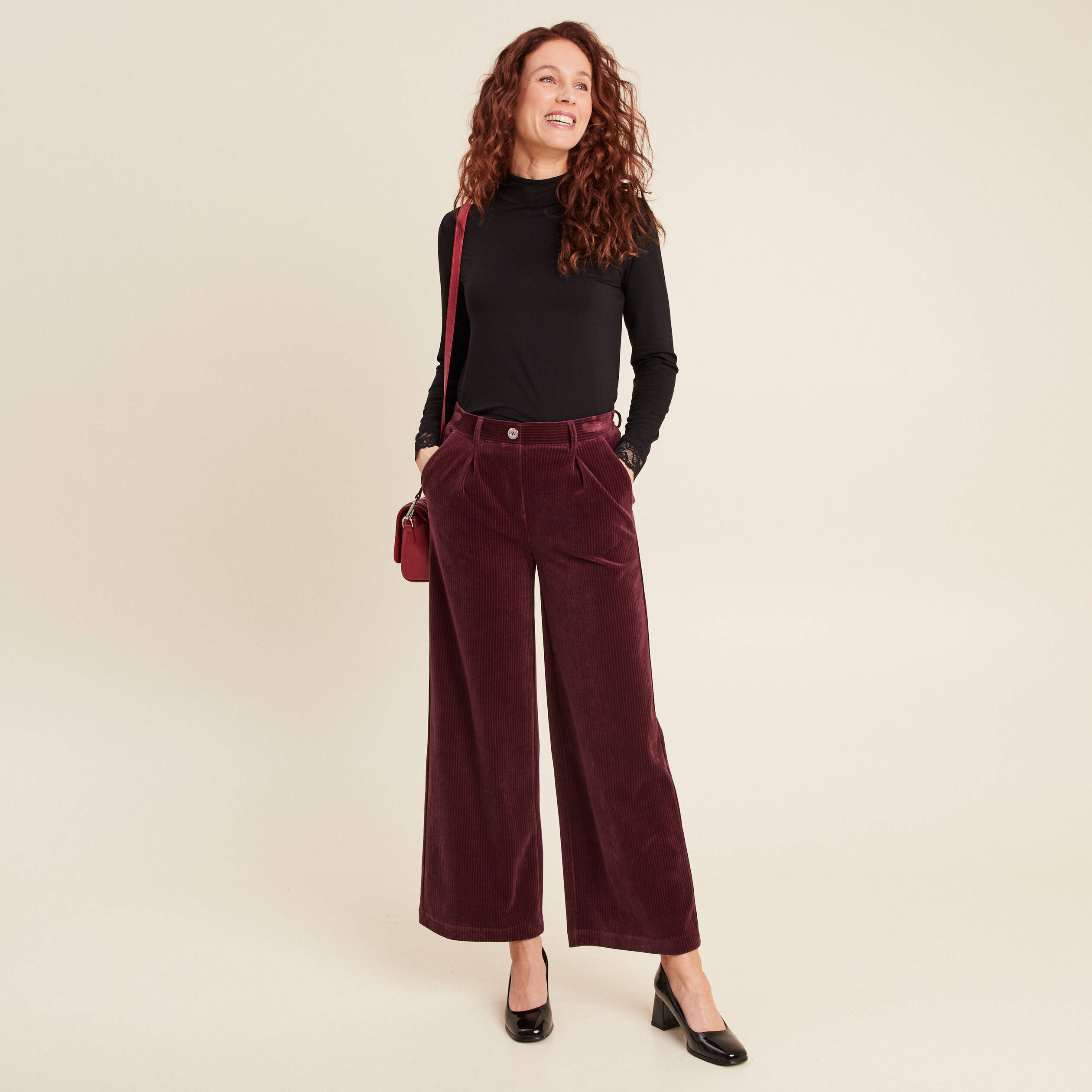 Pantalon large velours bordeaux femme Vibs