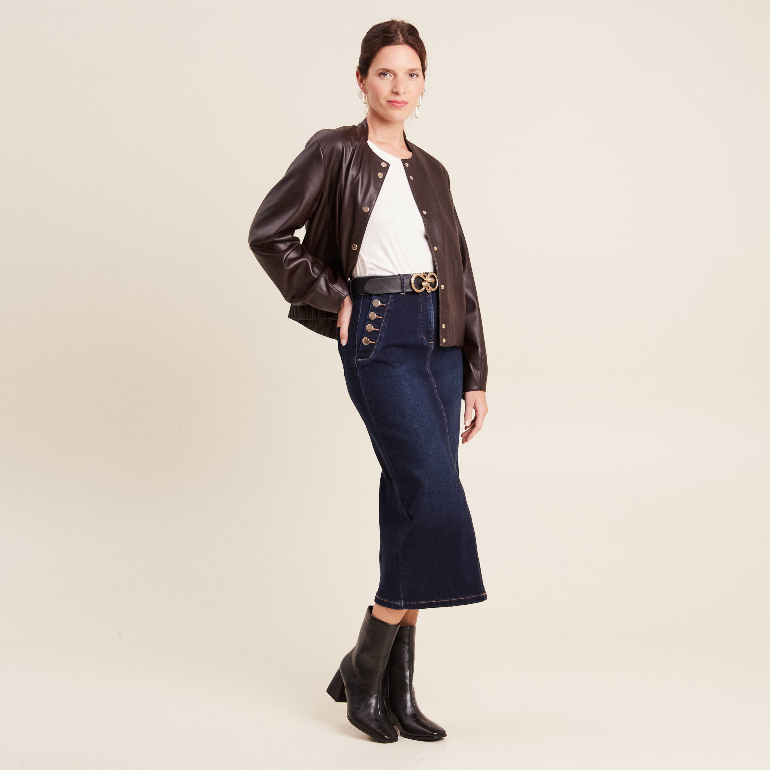 Jupe longue droite en jean denim brut femme Vibs