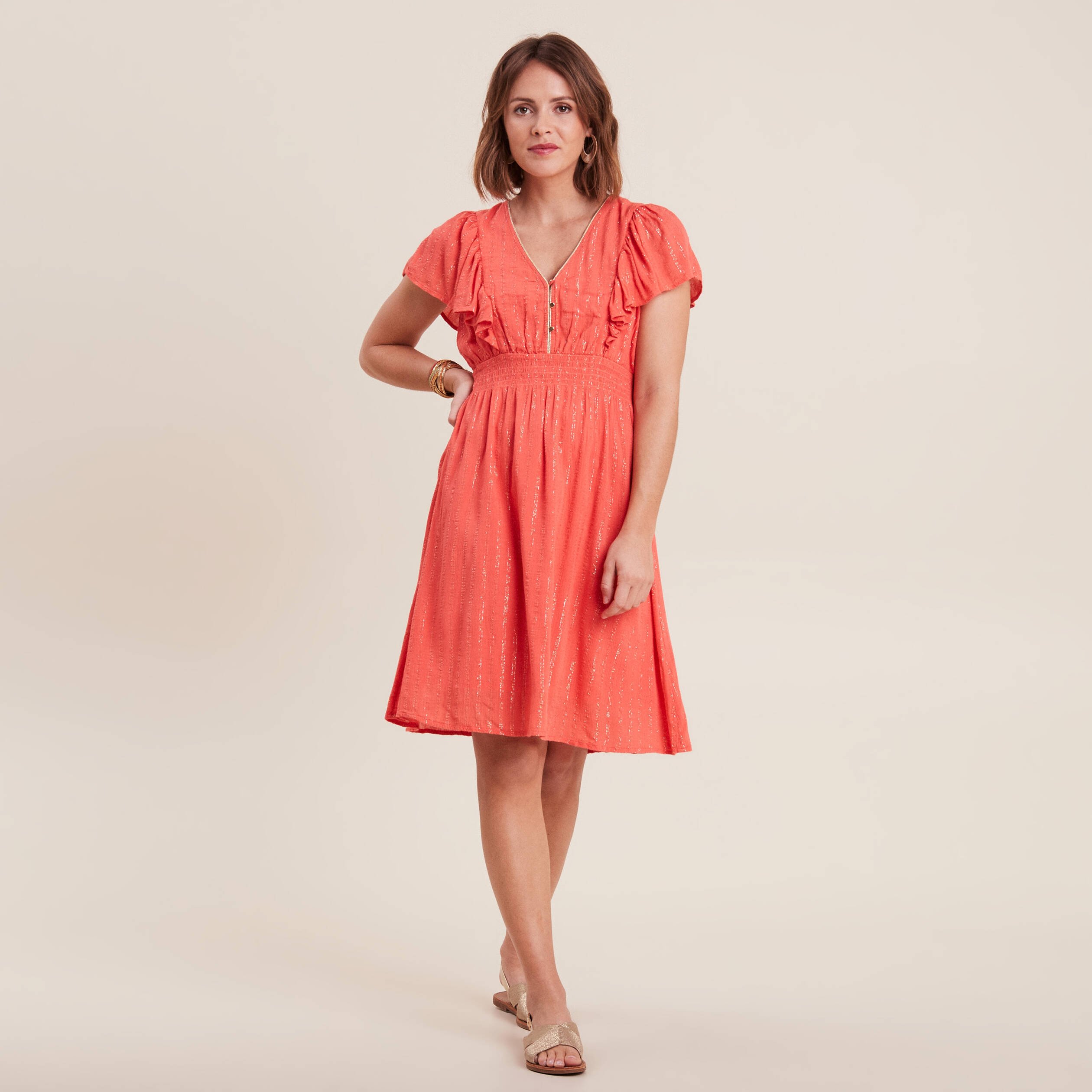 Robe droite fluide smockee orange clair femme Vibs