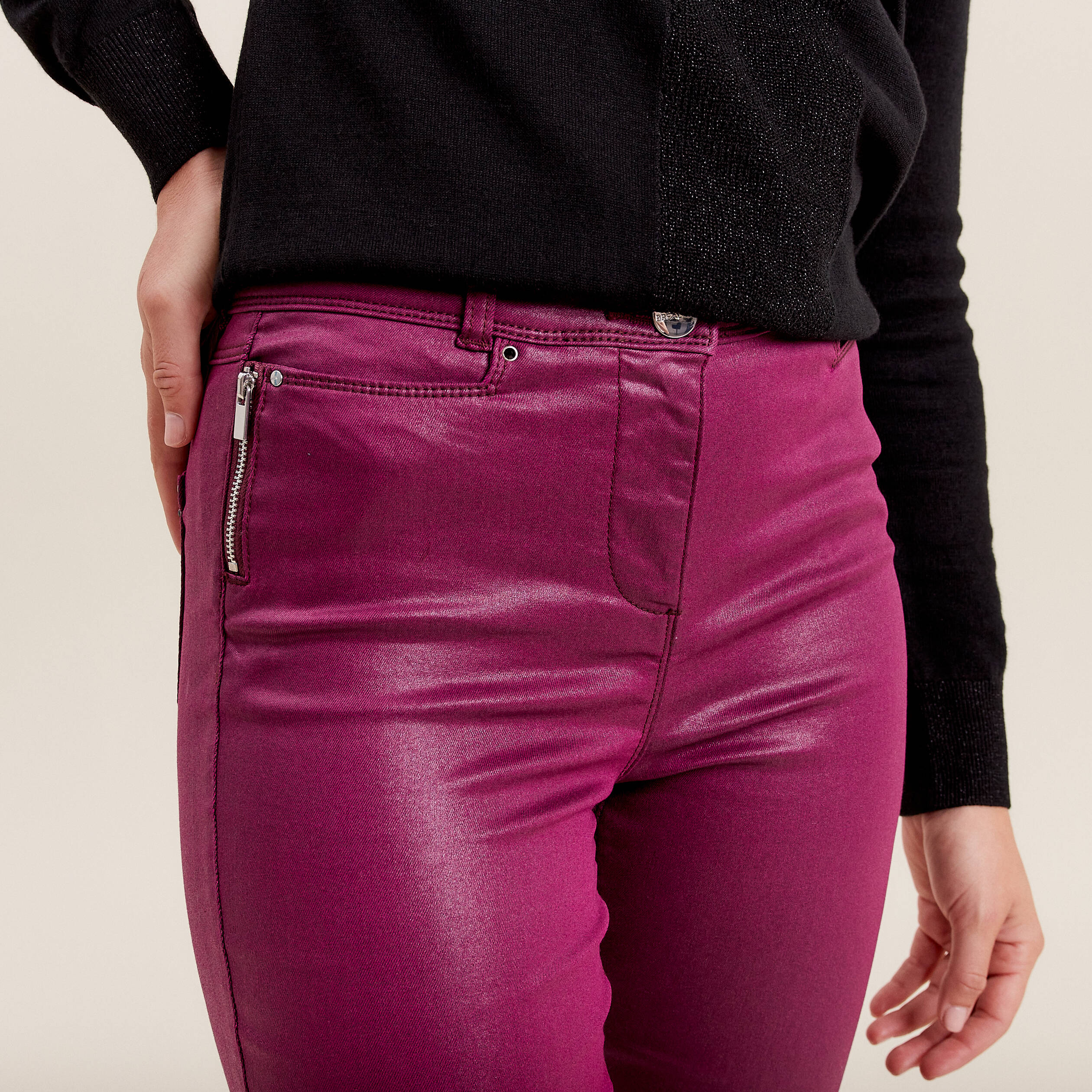 Pantalon Ajusté Enduit Prune Femme | Vibs