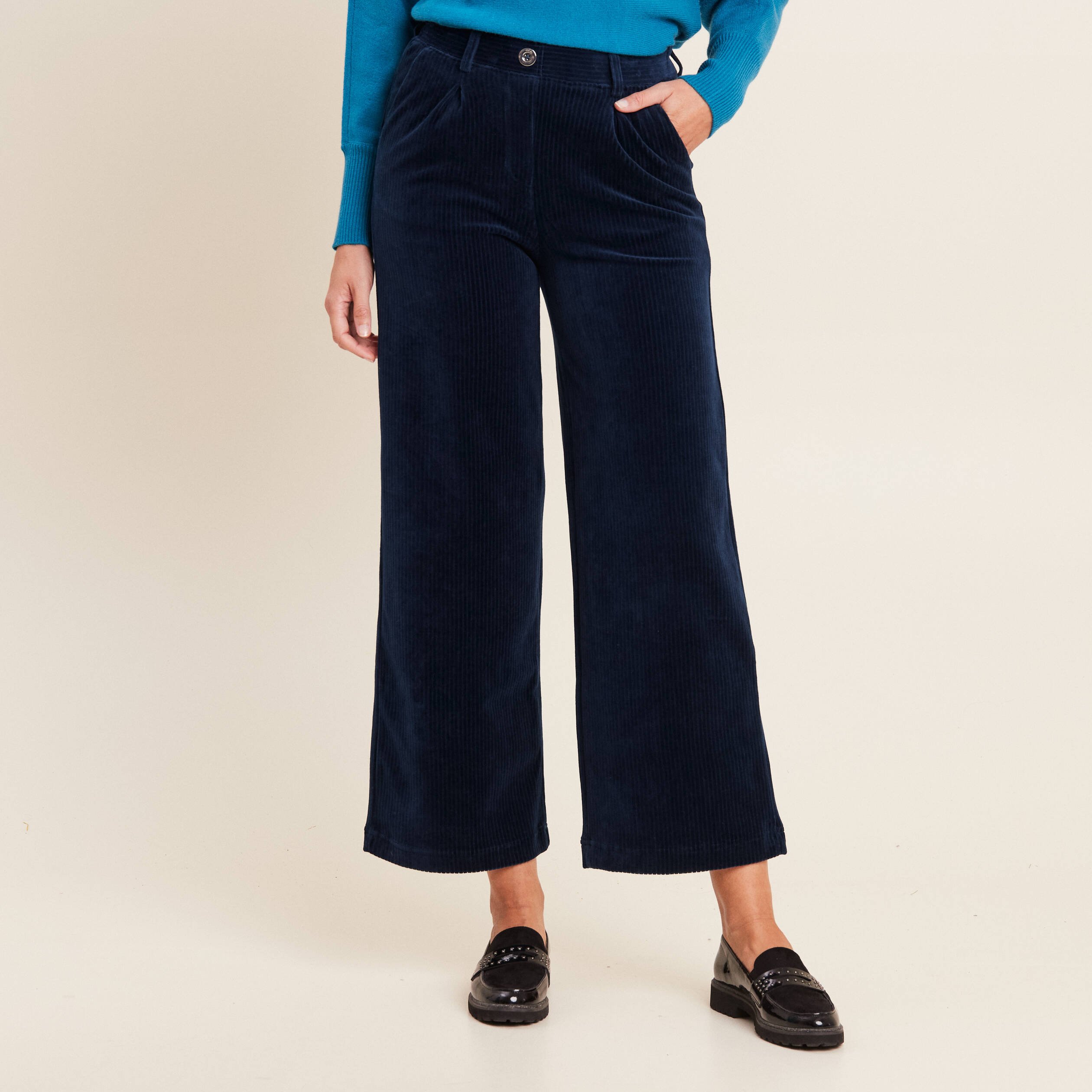 Pantalon large velours bleu marine femme Vibs