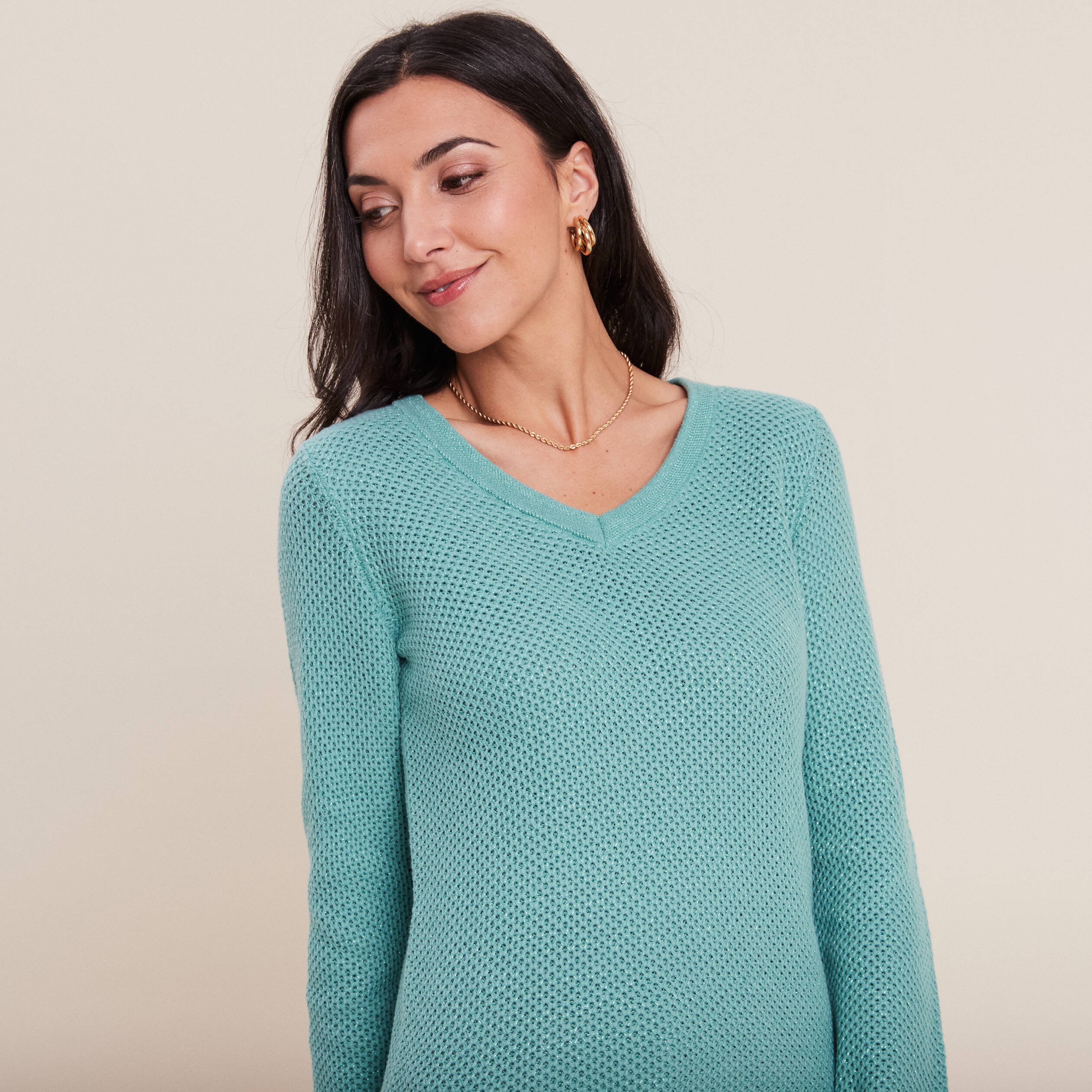 Pull turquoise col online v femme