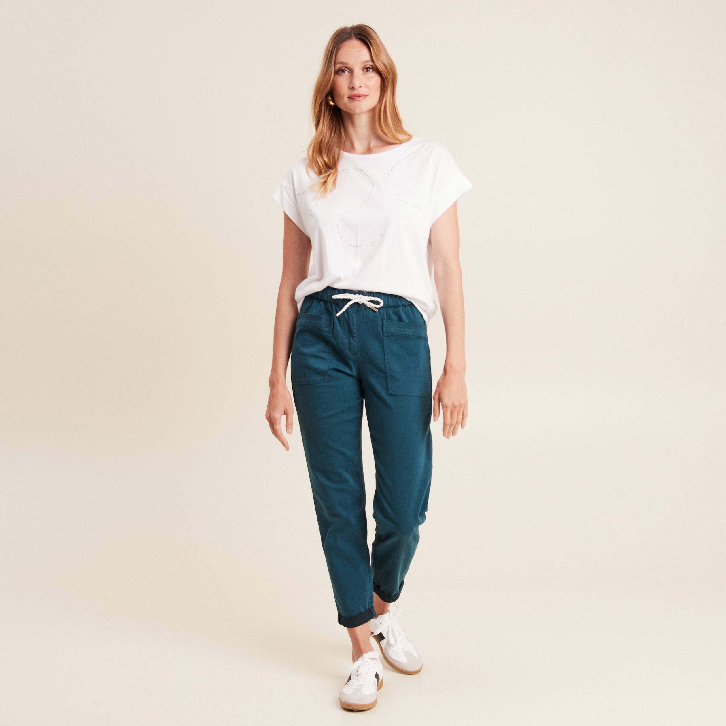 Pantalon coupe droite a coulisse bleu canard femme Vibs