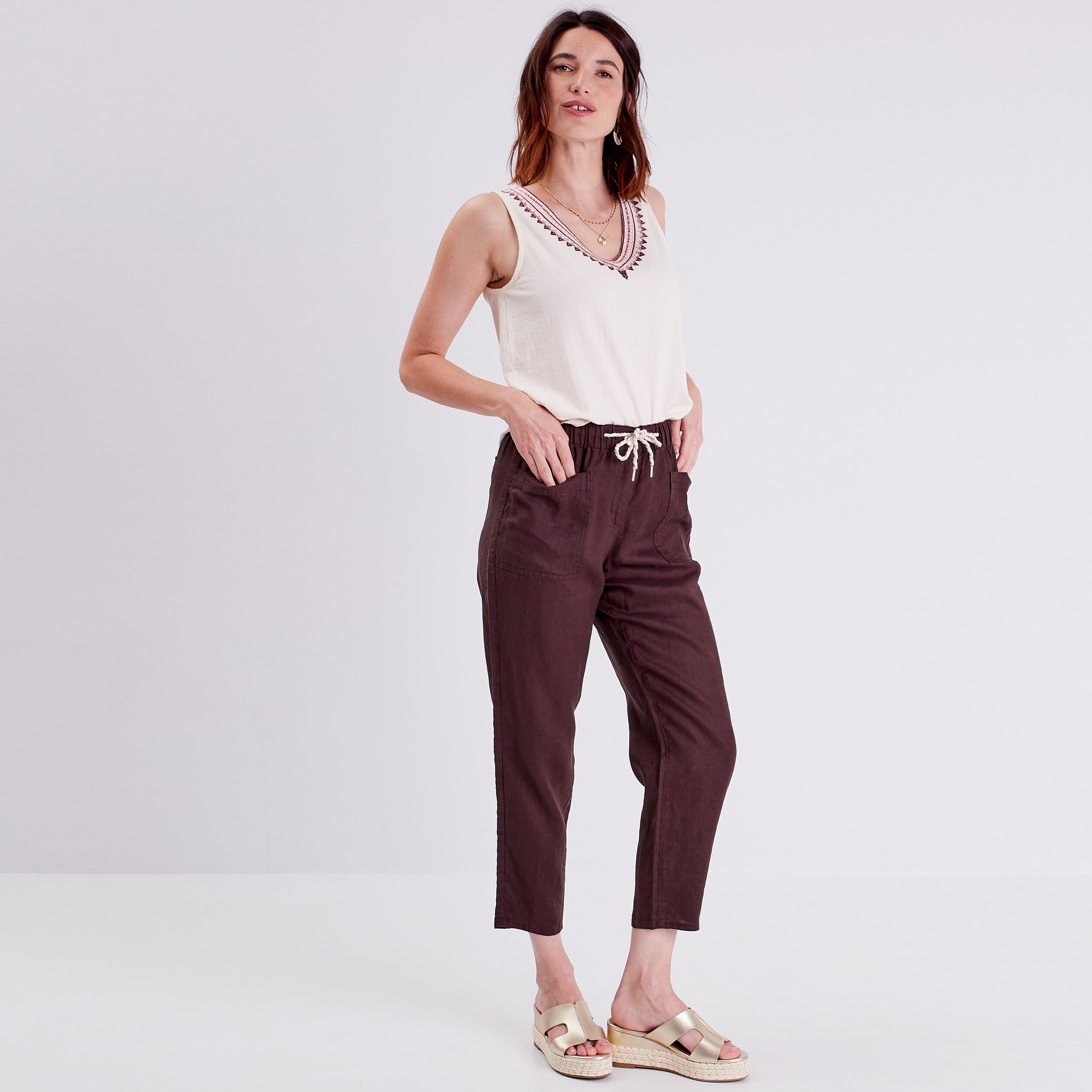 Pantalon lin shop marron femme