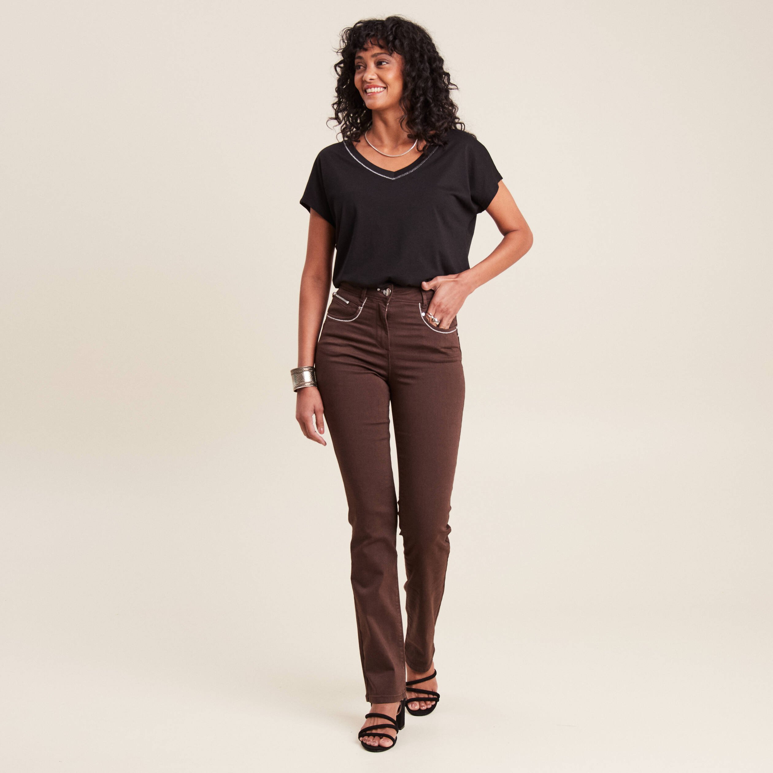 Pantalon droit taille haute marron fonce femme Vibs