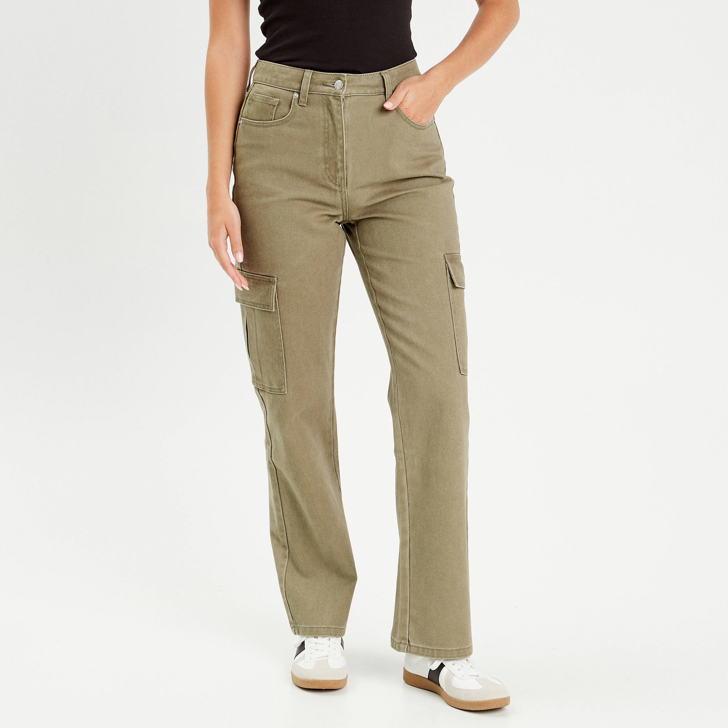 Pantalon large poches cargo vert kaki femme Vibs