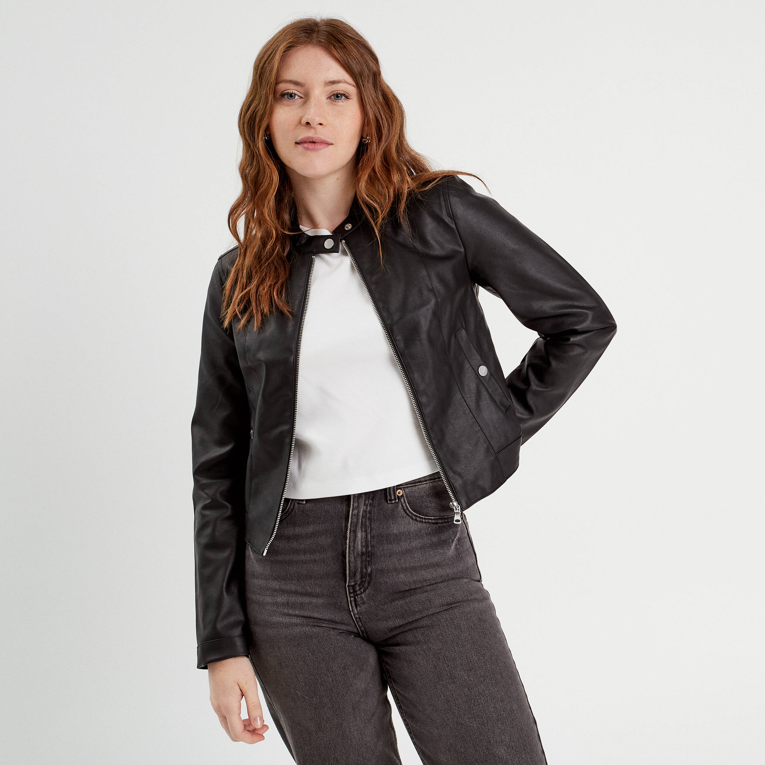 Blouson court simili cuir noir femme Vibs