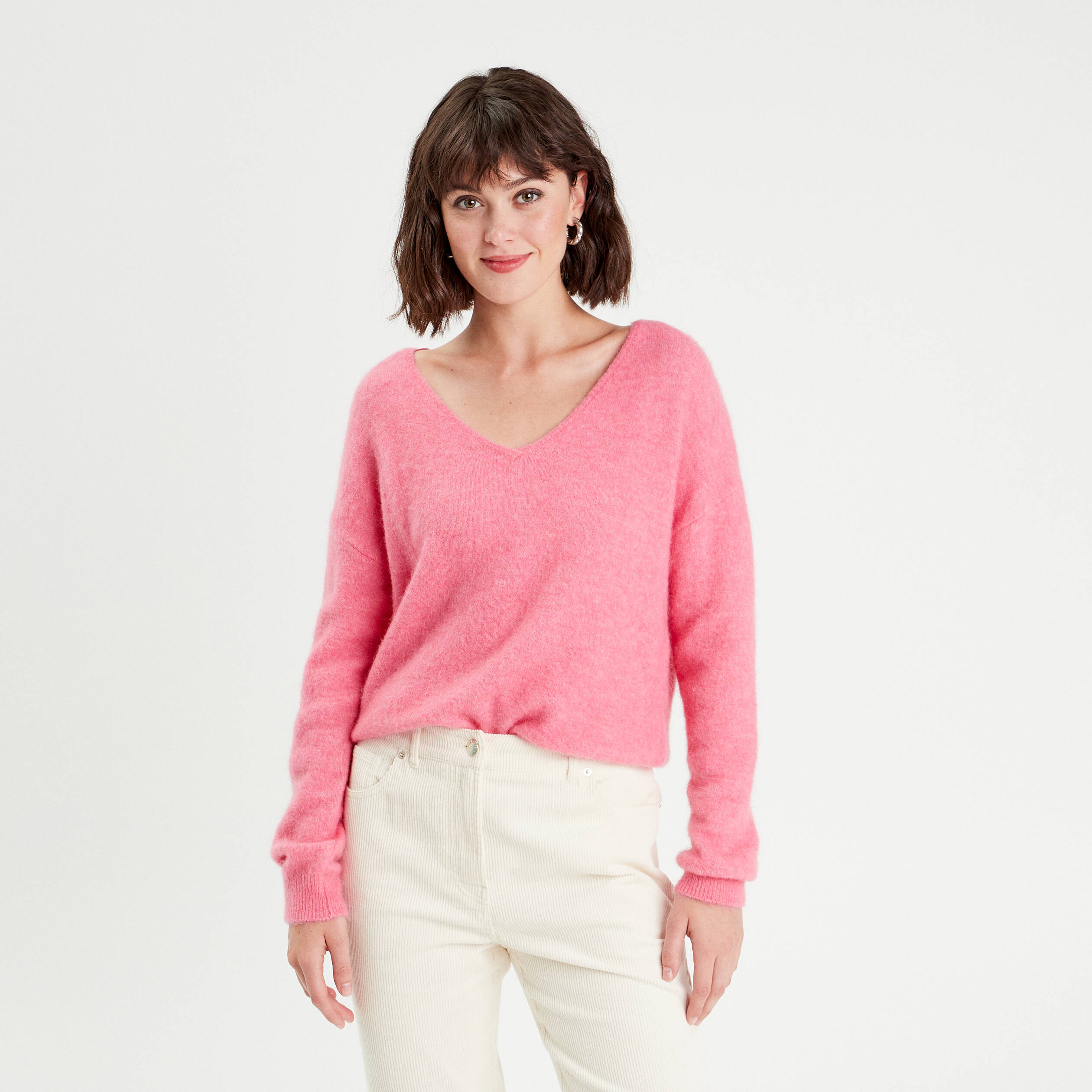 Pull avec col en V rose femme Vibs