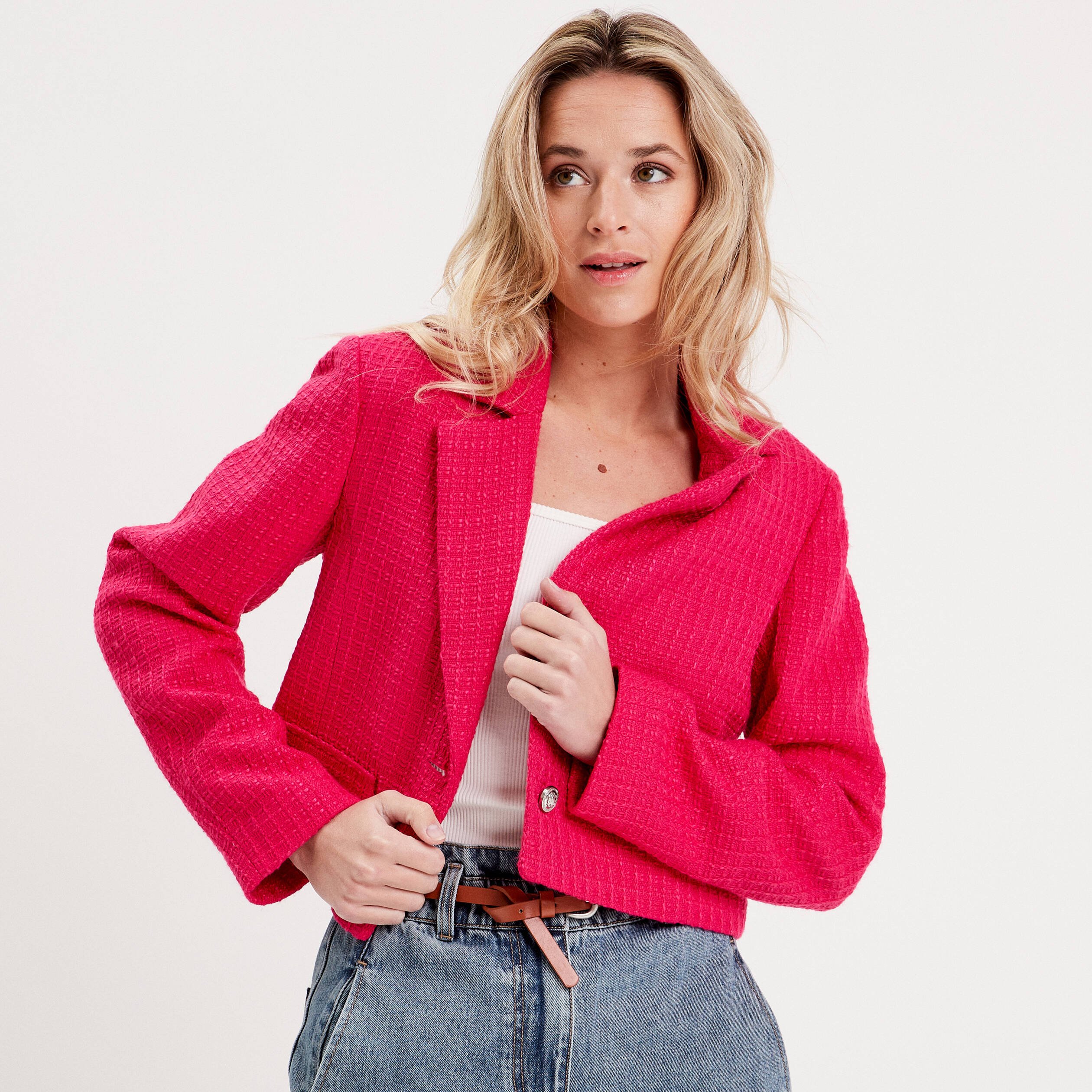 Veste droite boutonn e rose fushia femme Vibs