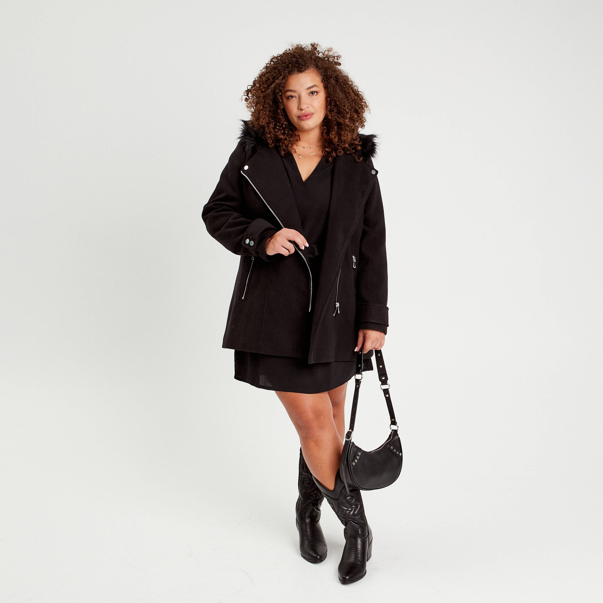 Manteau droit avec capuche noir femme Vibs