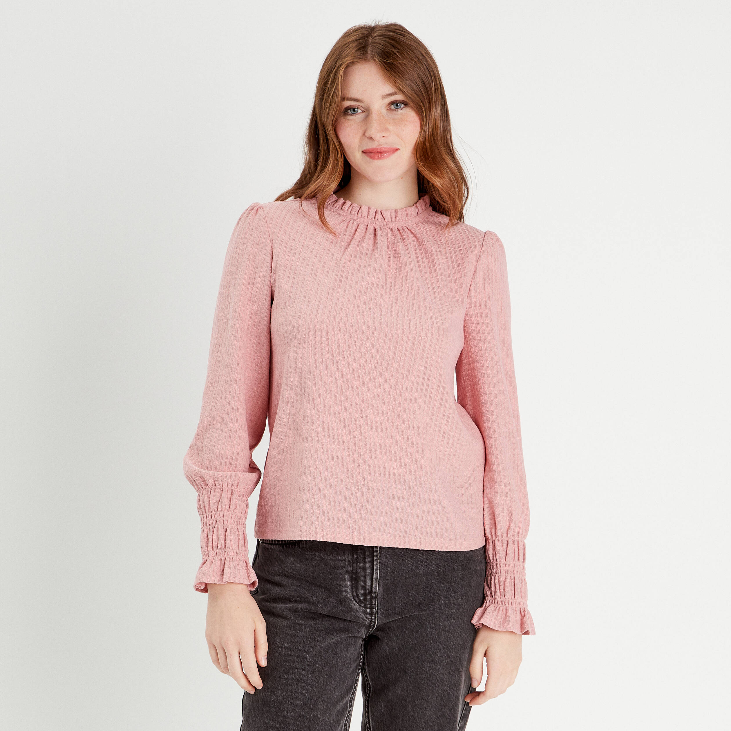 Blouse col montant volante vieux rose femme Vibs