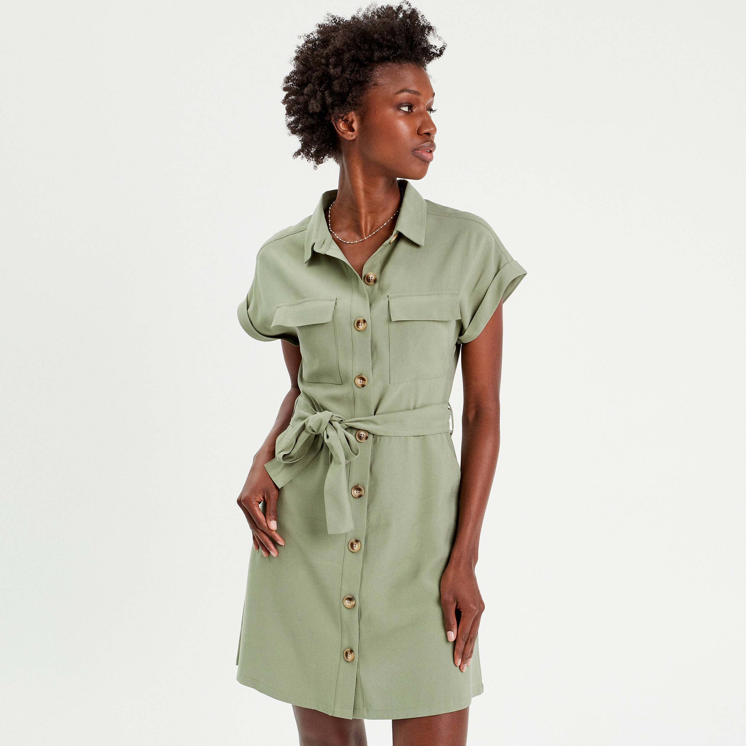 Robe chemise fluide ceintur e vert kaki femme Vibs