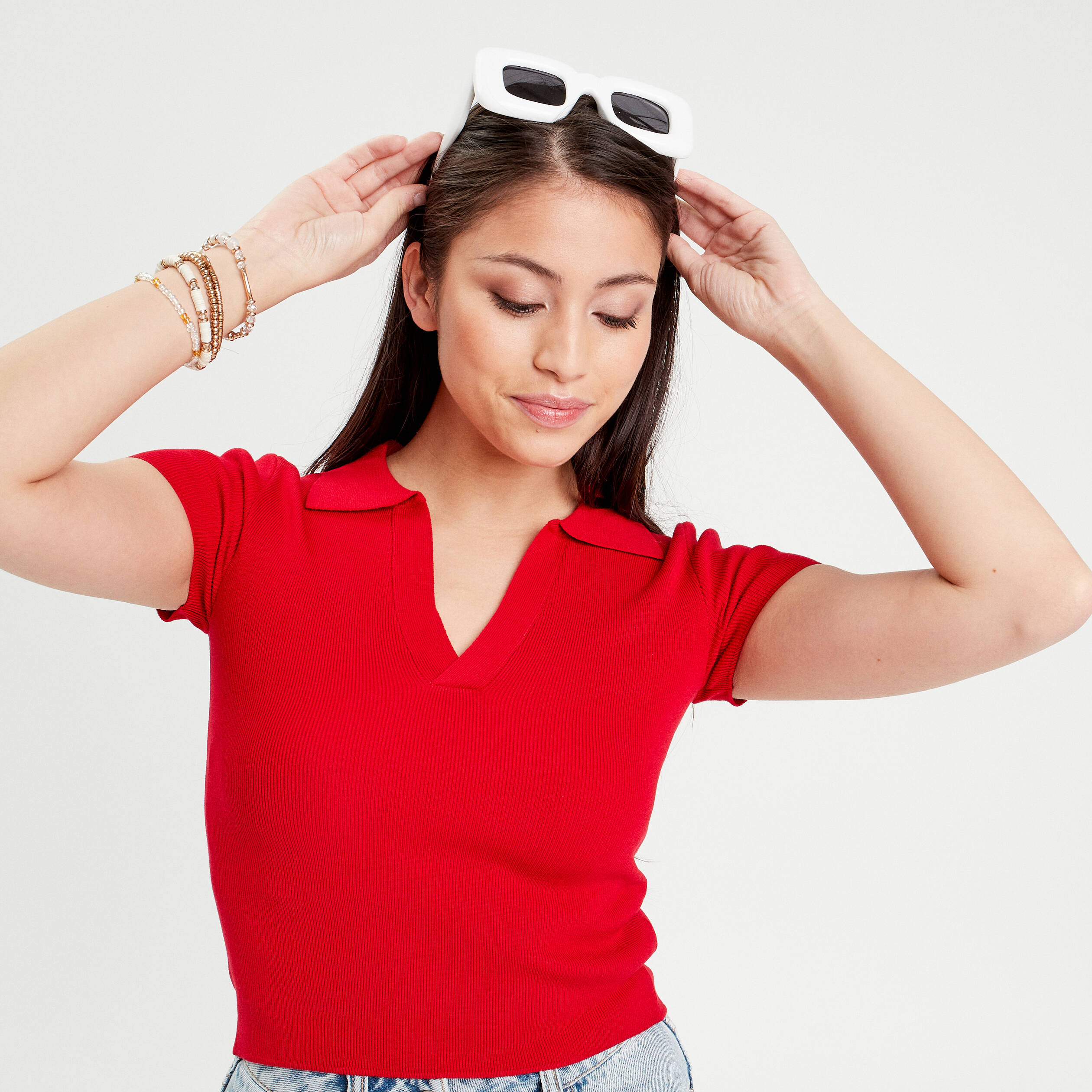 T shirt manches courtes col polo rouge femme Vibs