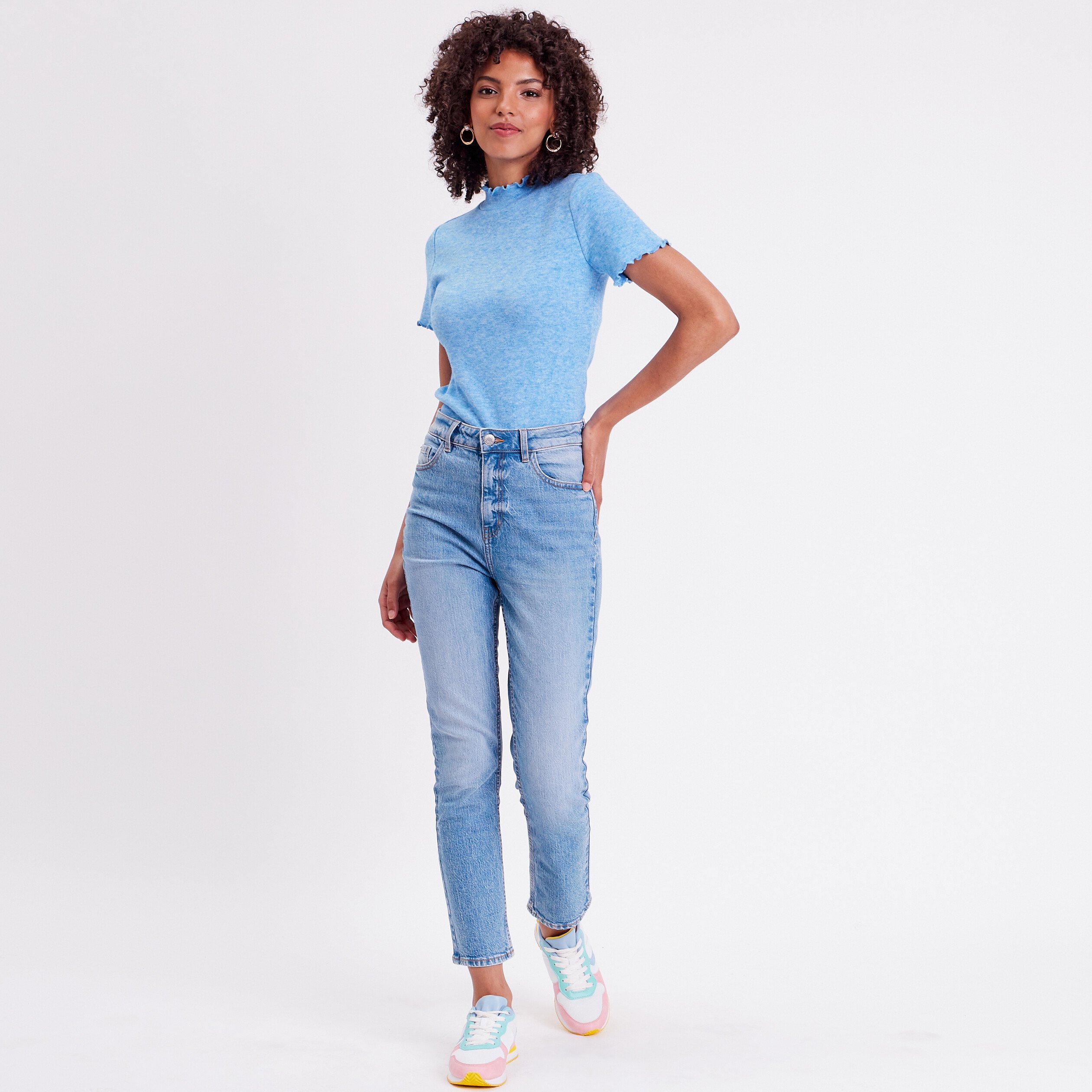 T shirt col montant bord vague bleu roi femme Vibs