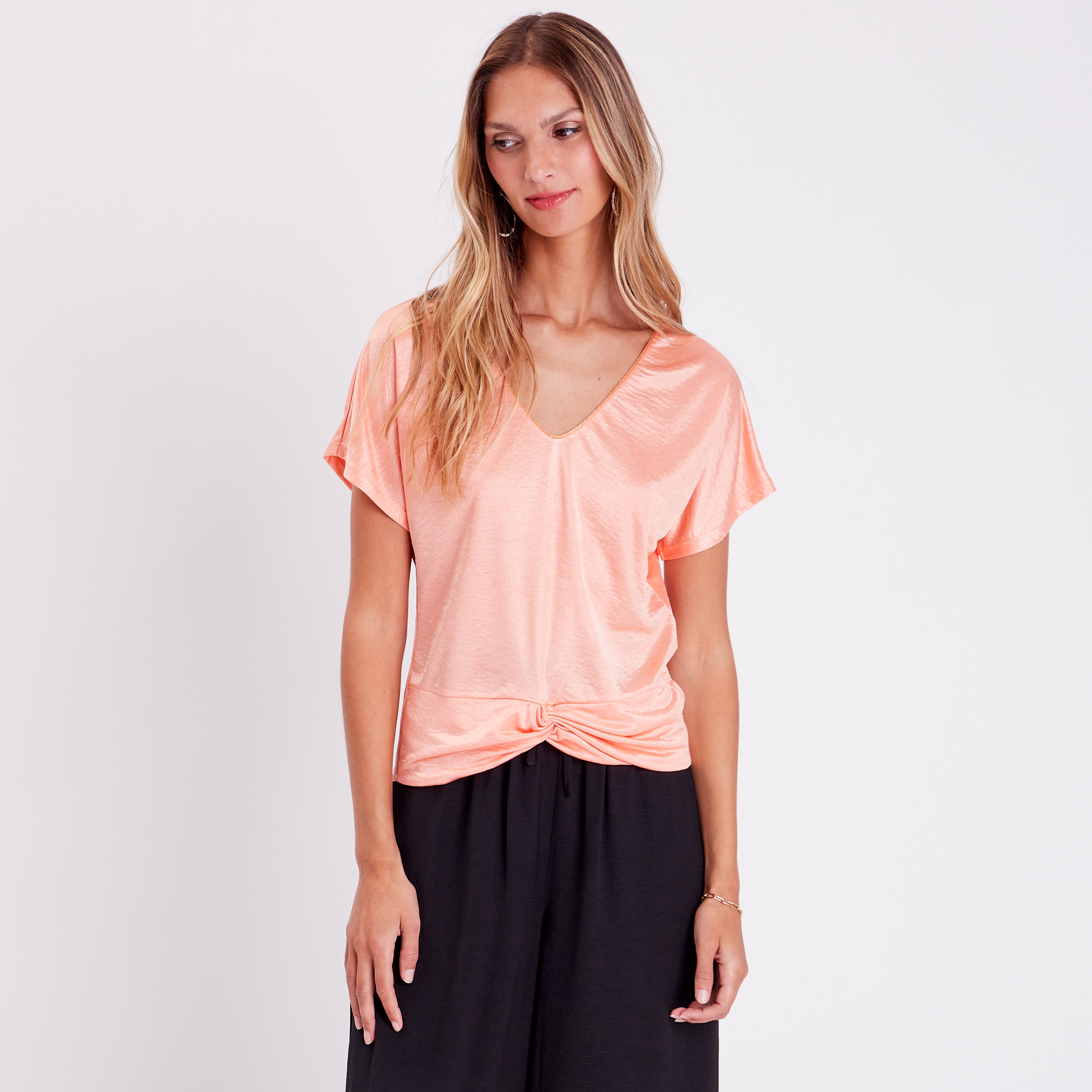 T shirt manches courtes satin rose saumon femme Vibs