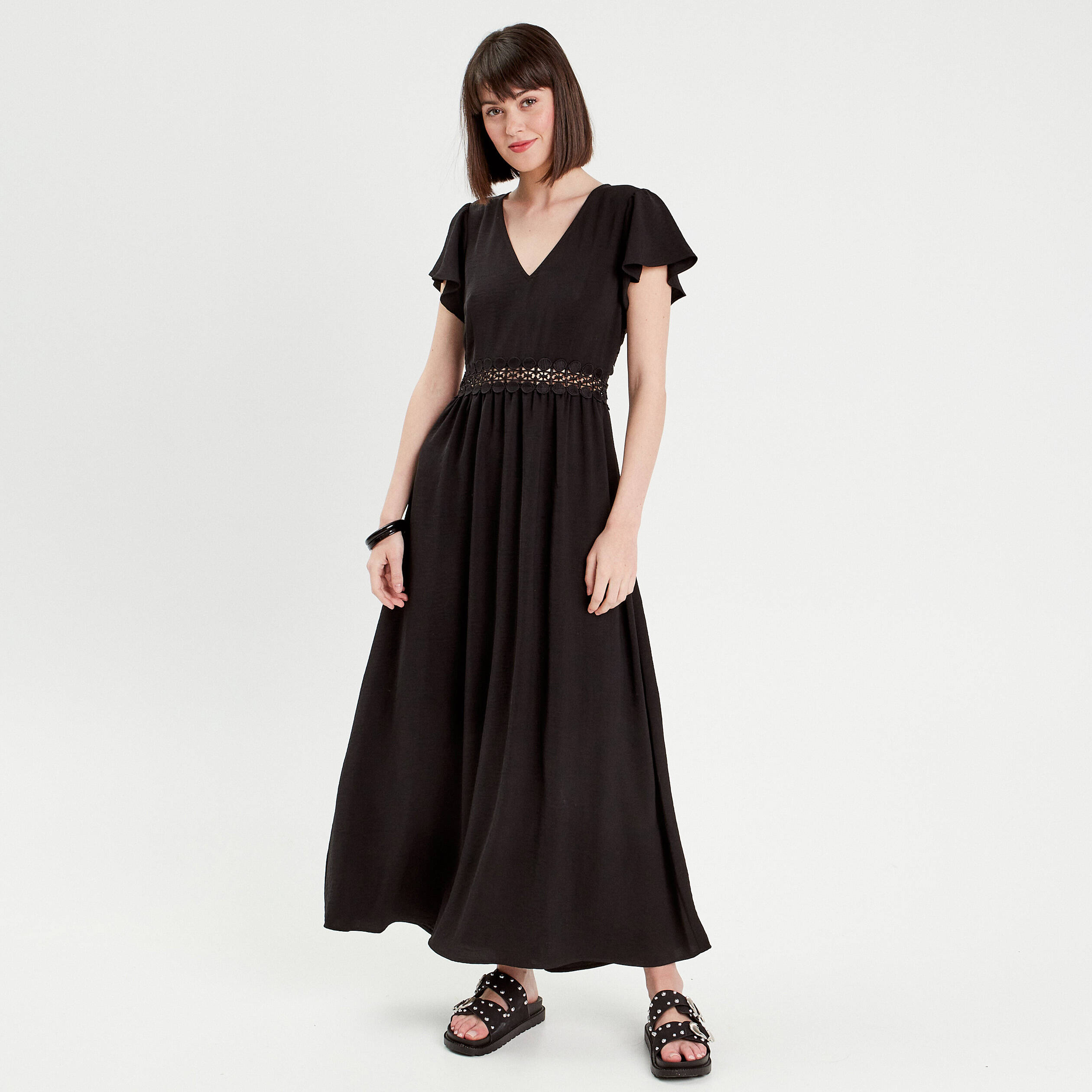 Robe longue évasée dos nu noir femme | Vibs