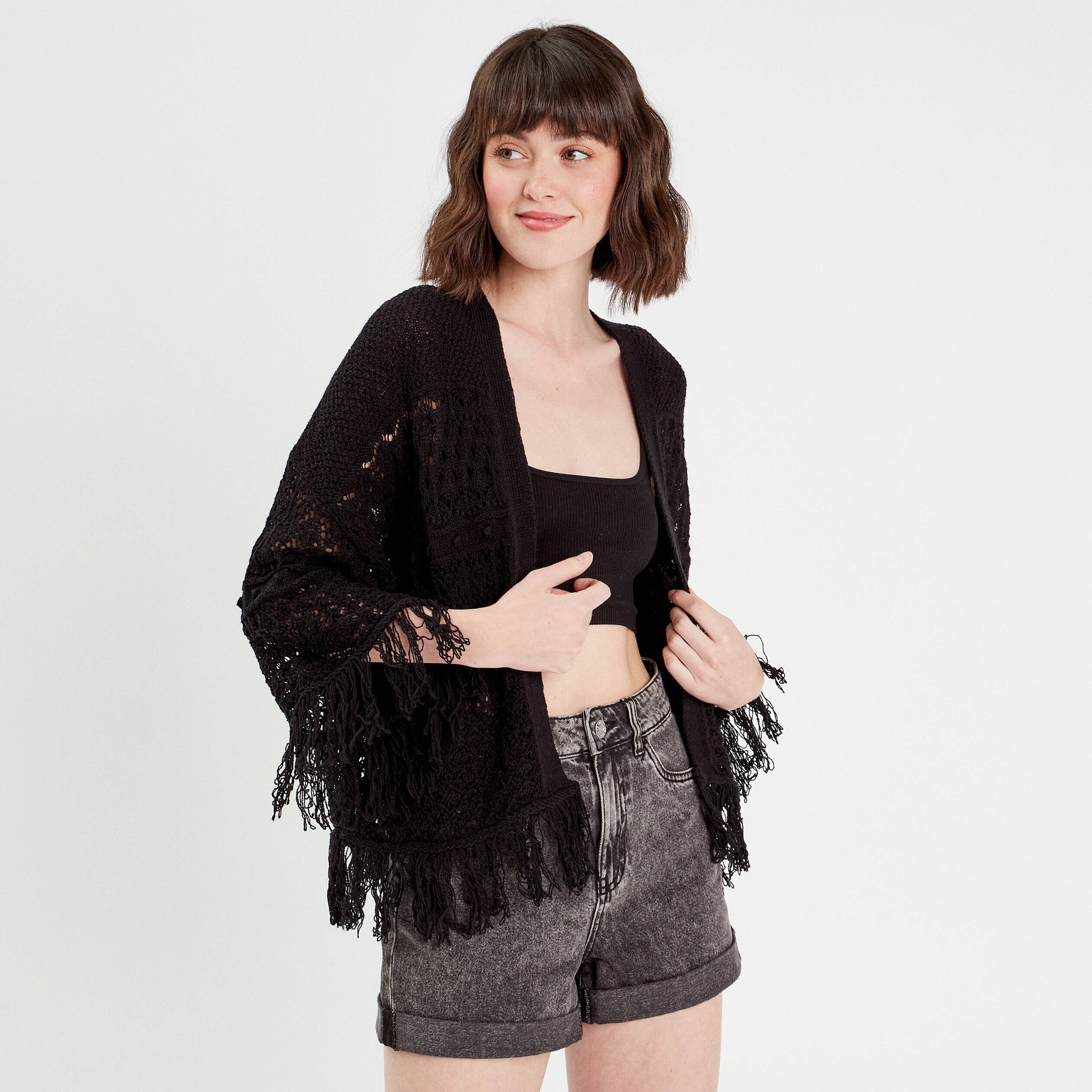 Gilet ajoure avec franges noir femme Vibs