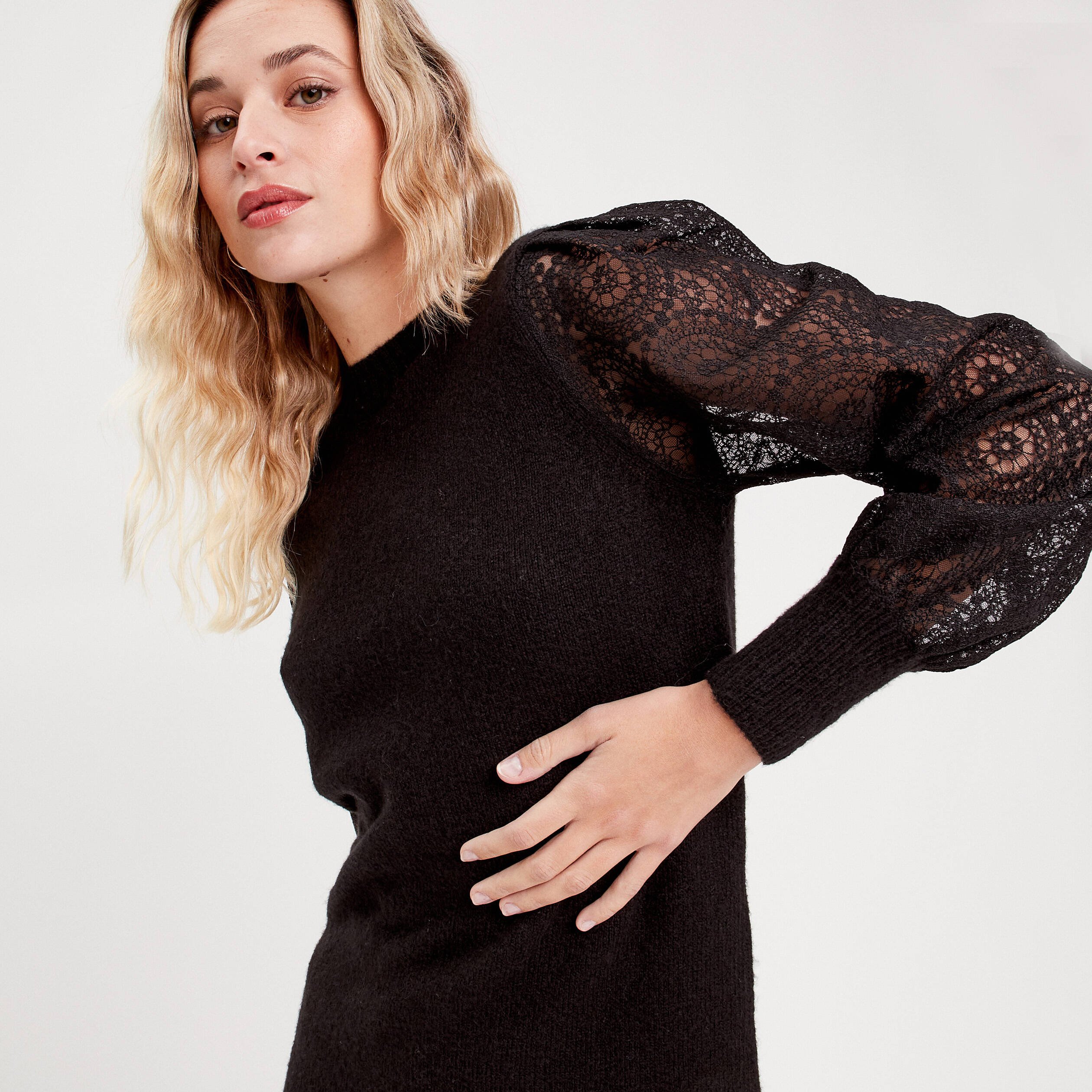 Robe pull manches dentelle noir femme Vibs